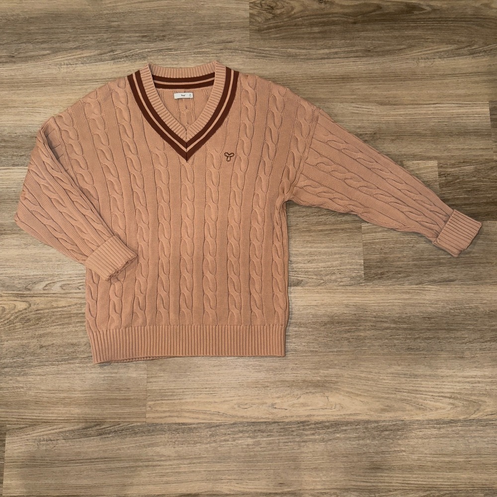 Aritzia‎ Tna Cable Knit V-Neck Varsity Sweater Tan Brown Stripe Medium 81005